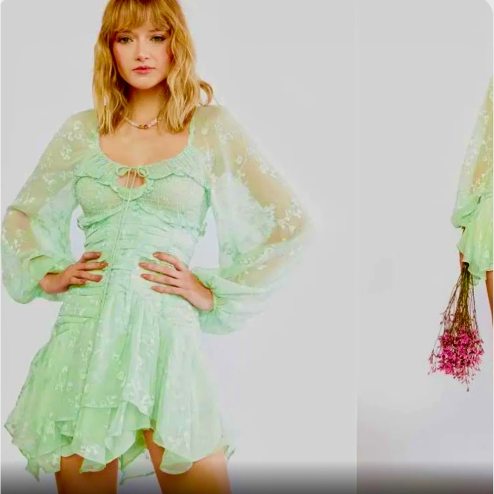 🆕#122-For Love & Lemons Breanne Ruched
Tiered Sheer Puff Sleeve Mini Dress SM